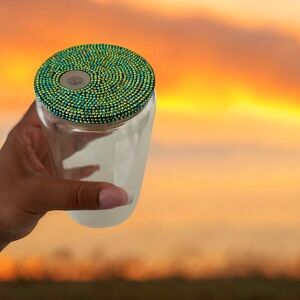 16oz Glass Cup with handmade rhinestone lid!
